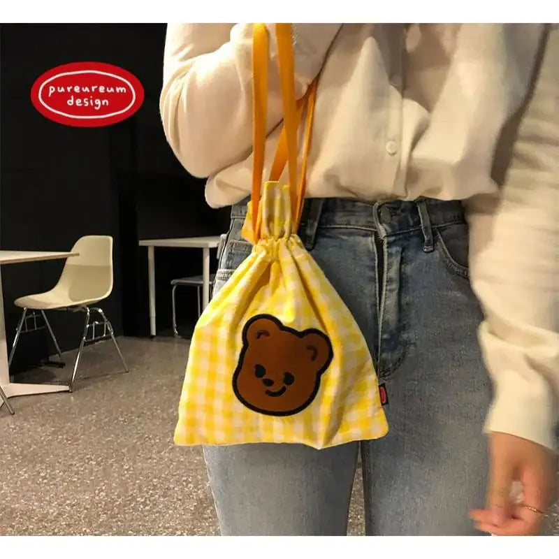 Pureureumdesign - Cupid Bear embroidered string pouch - Pureureumdesign - Pouch Bag - Harumio