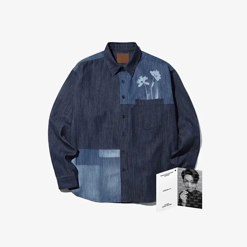 bts dress shirt Blue Satin Long Sleeve Shirt