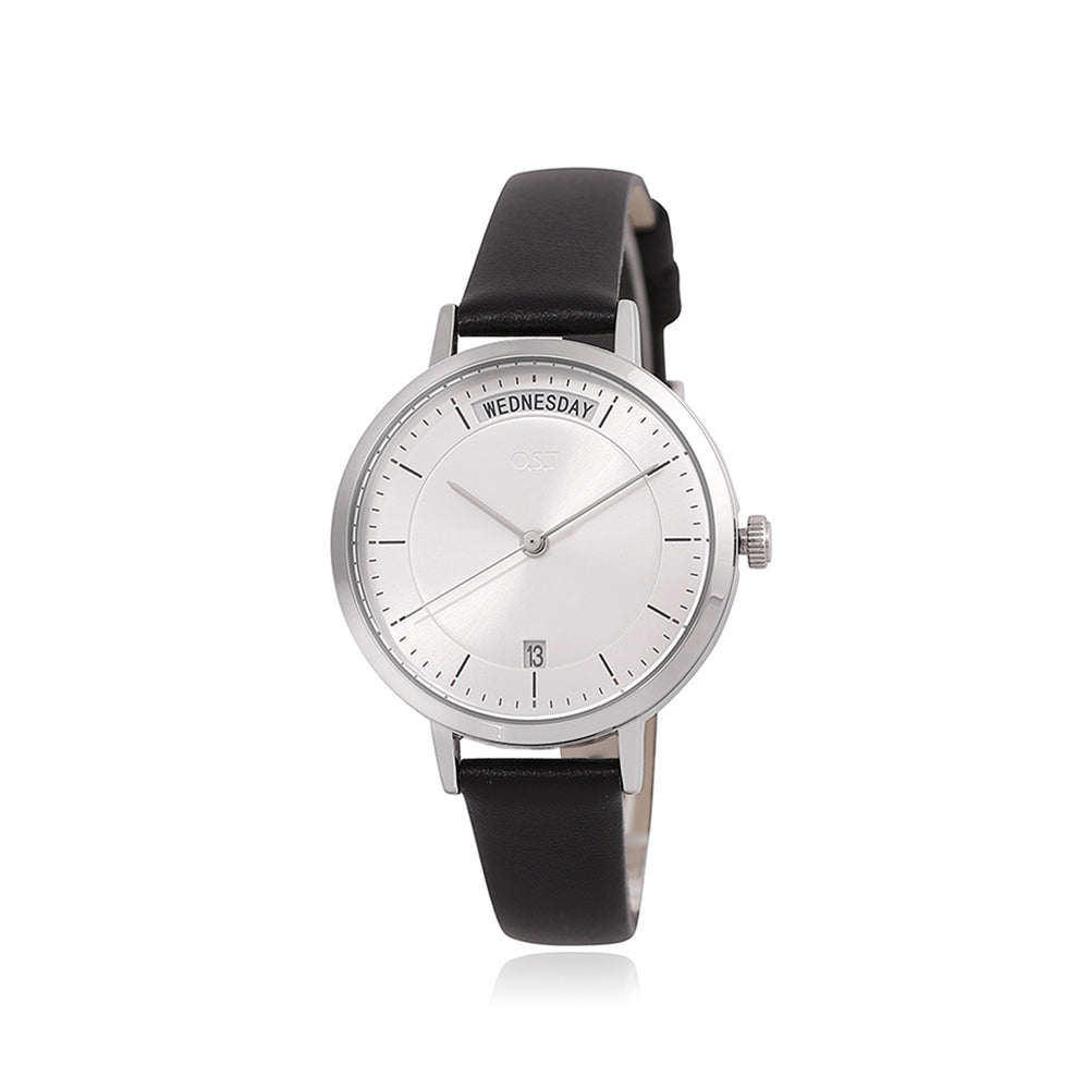 OST - Simple Functional Black Big Index Women's Leather Watch