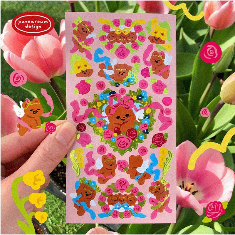 Pureureumdesign x 10x10 - Cupid Bear Flower Glossy Sticker - Pureureumdesign - Accesories - Harumio