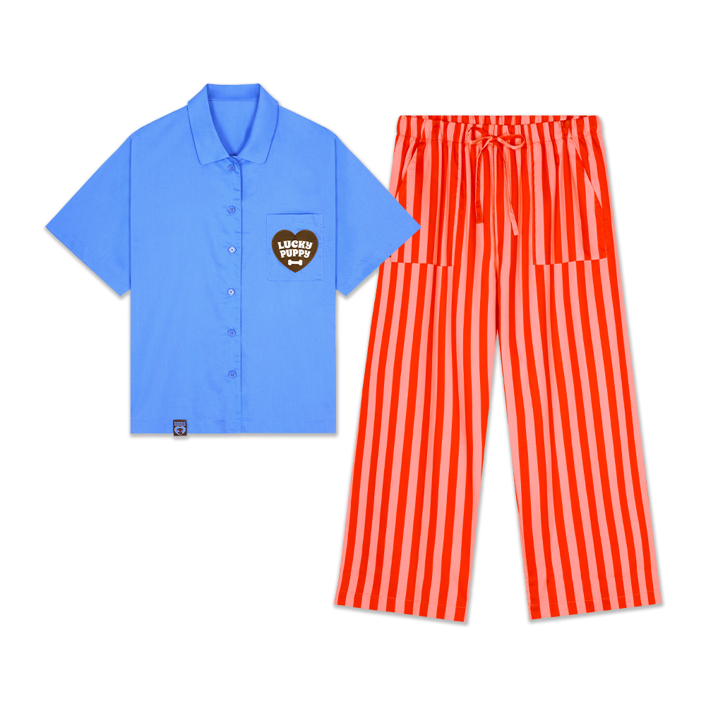 Wiggle Wiggle - Short-Sleeved Pajama Set (Lucky Puppy Blue Stripe)
