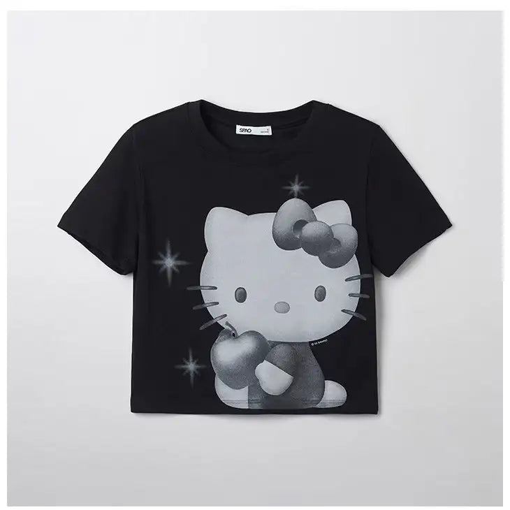SPAO x Sanrio Characters - Sparkly Hello Kitty Crop Short Sleeve T-shirt (Black) - SPAO x Sanrio Characters - Crop T-Shirt - Harumio