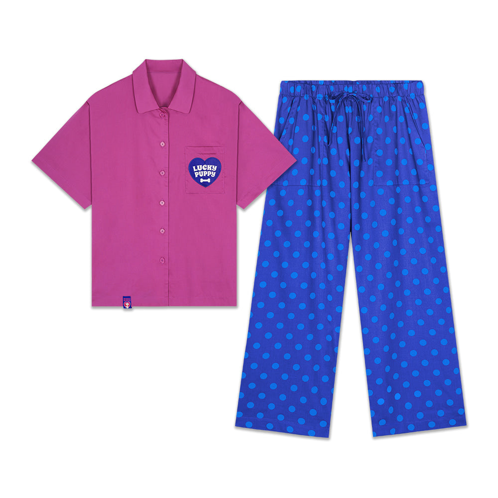 Wiggle Wiggle - Short-Sleeved Pajama Set (Lucky Puppy Purple Dot)