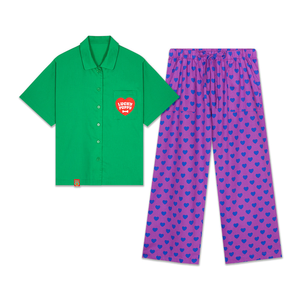Wiggle Wiggle - Short-Sleeved Pajama Set (Lucky Puppy Green)