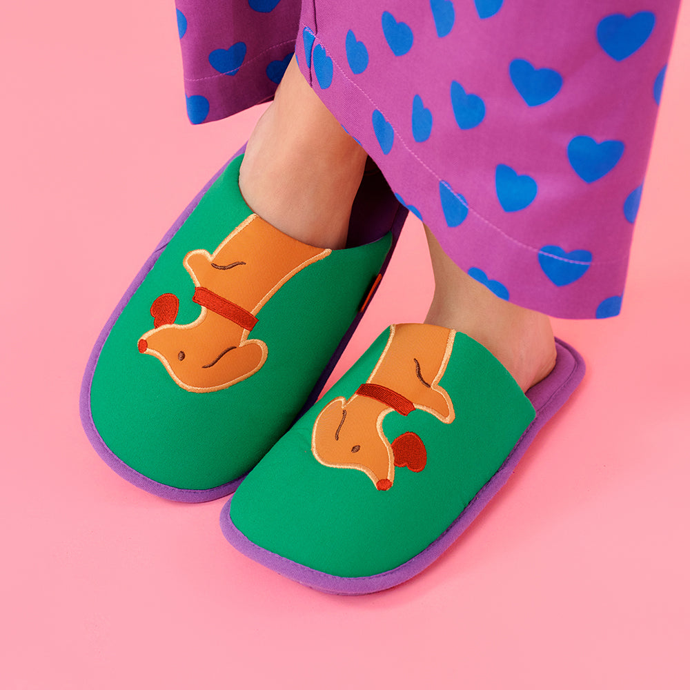Wiggle Wiggle - Washable Fabric Home Slippers (Lucky Puppy Green)