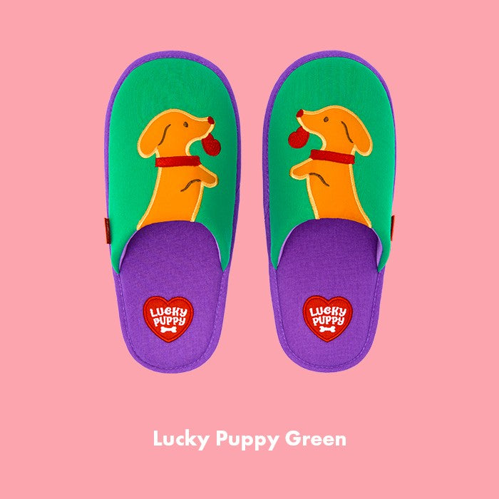 Wiggle Wiggle - Washable Fabric Home Slippers (Lucky Puppy Green)
