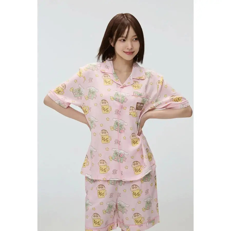 Cinnamoroll X Crayon Shin-chan - Pink Short Sleeve Pajamas Set - SPAO - Pajamas - Harumio