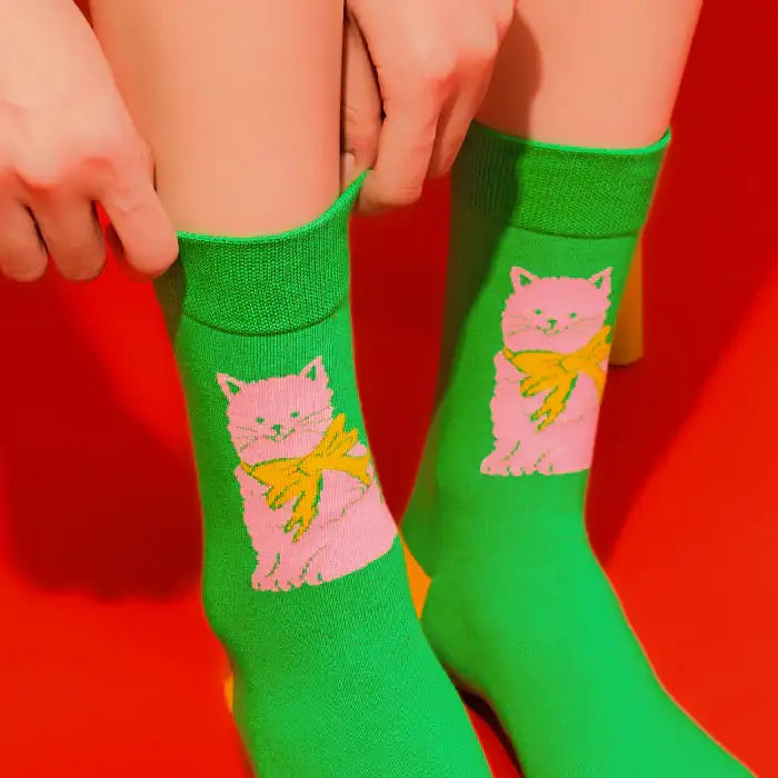 Wiggle Wiggle - Kitten Green Patterned Socks - Wiggle Wiggle - Home & Living, Accessories - Harumio