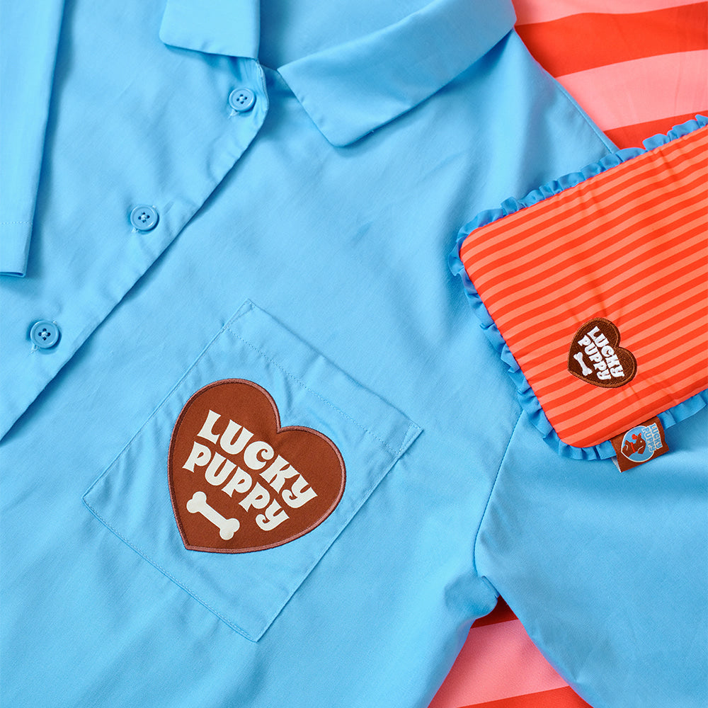 Wiggle Wiggle - Short-Sleeved Pajama Set (Lucky Puppy Blue Stripe)