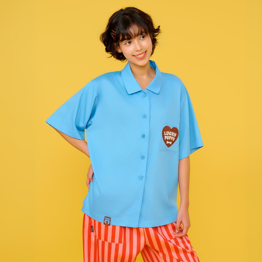 Wiggle Wiggle - Short-Sleeved Pajama Set (Lucky Puppy Blue Stripe)