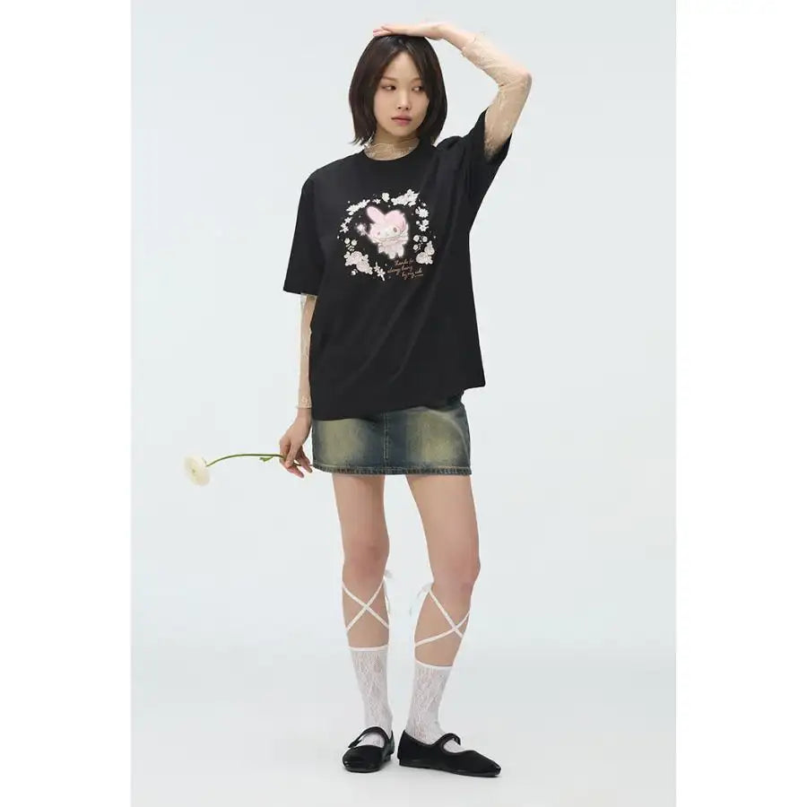 SPAO x My Melody - 50th Anniversary Short Sleeve T-Shirt (Black) - SPAO - T-Shirt - Harumio