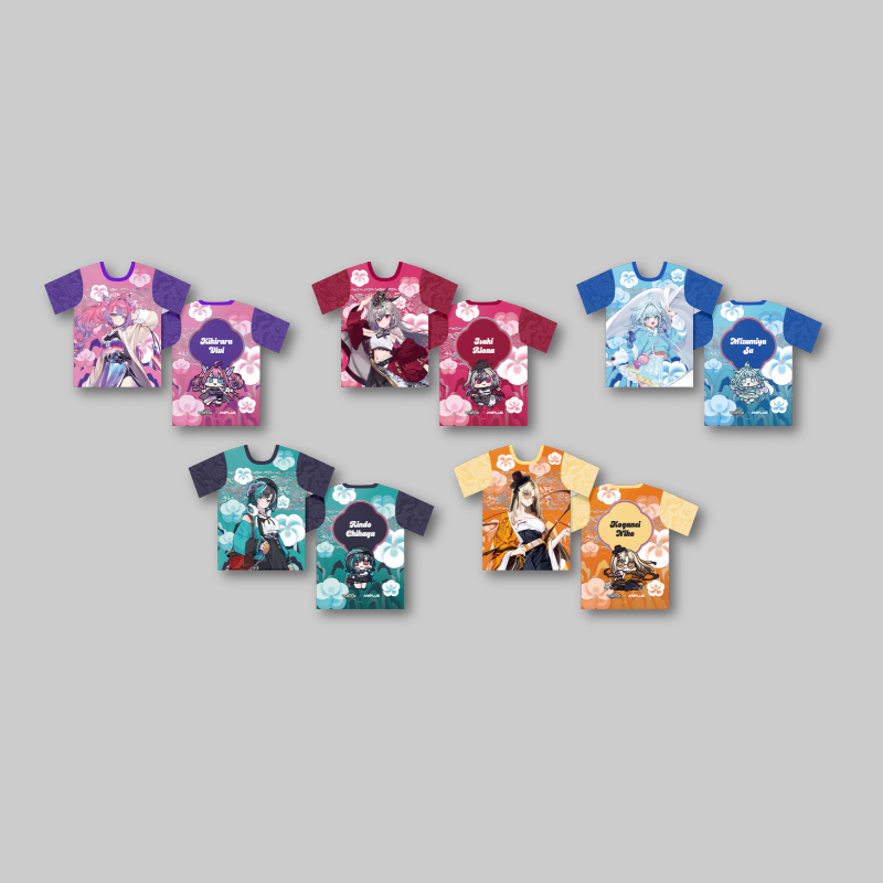 Show off your HOLOLIVE: Flow Glow fandom with the Full Graphic T-Shirt from the Flow Glow x Aniplus collaboration.