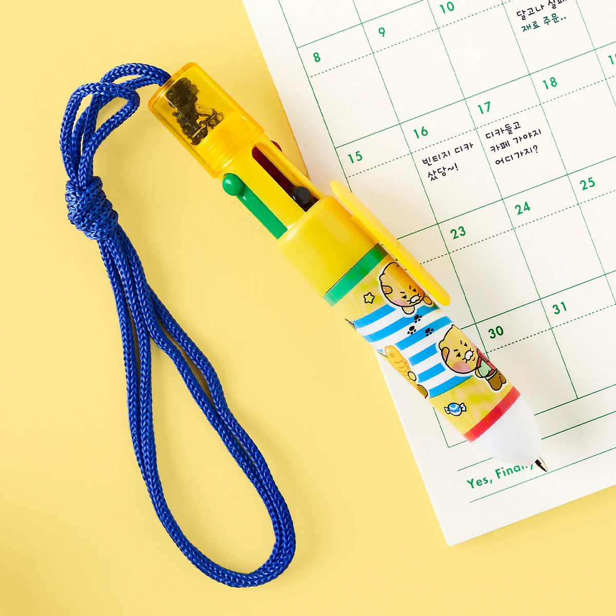 Make everyday writing more fun with the Kakao Friends - Chunsik Stationery Mini 4-color Ballpoint Pen with a Lanyard.