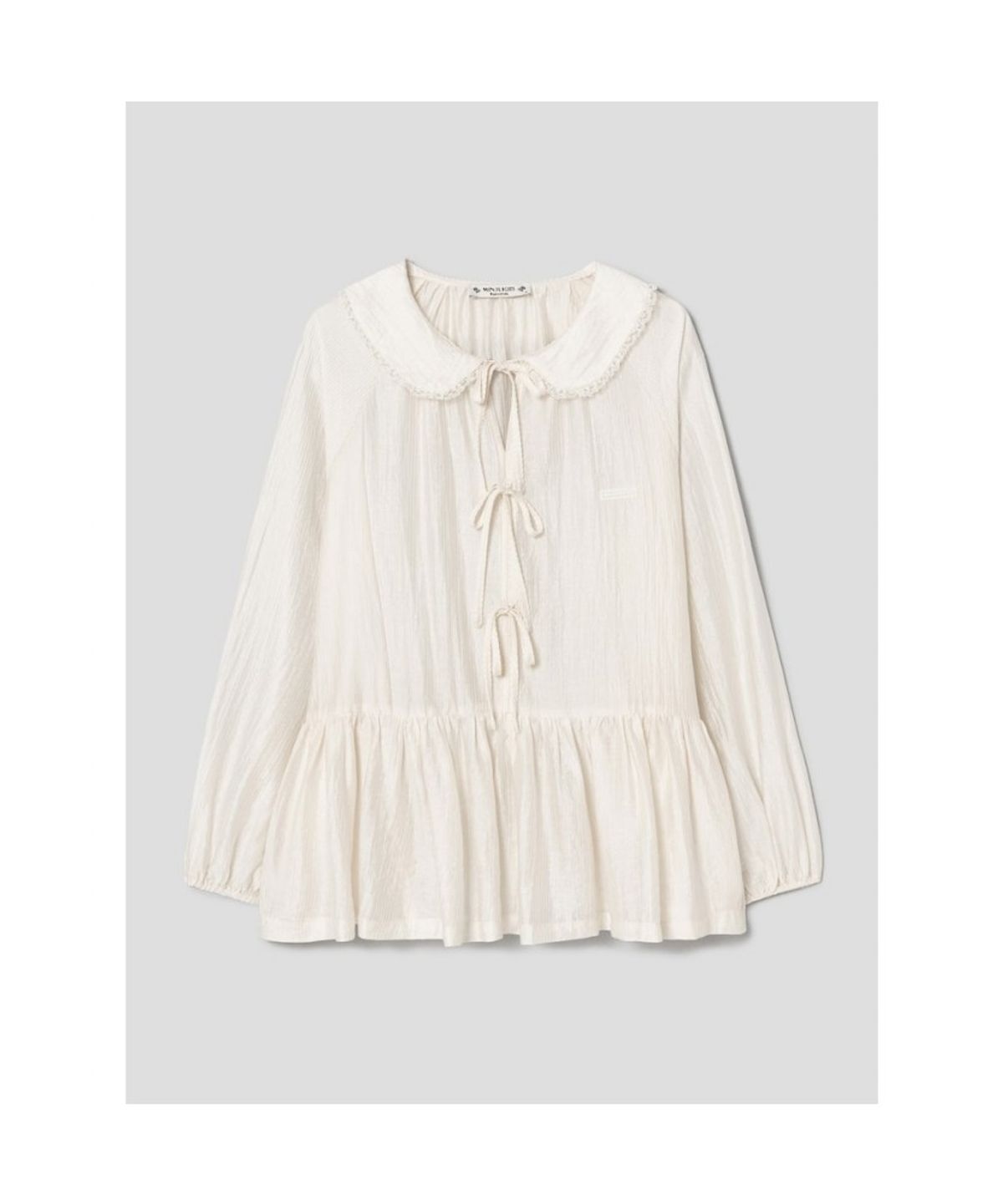 Add a feminine and elegant touch to your wardrobe with the Shirred Ribbon Blouse from the Kim Minju x Musinsa collaboration.