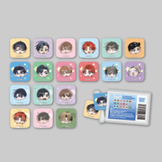 These collectible square can badges feature exclusive artwork inspired by the SUMMER POP-UP event.
