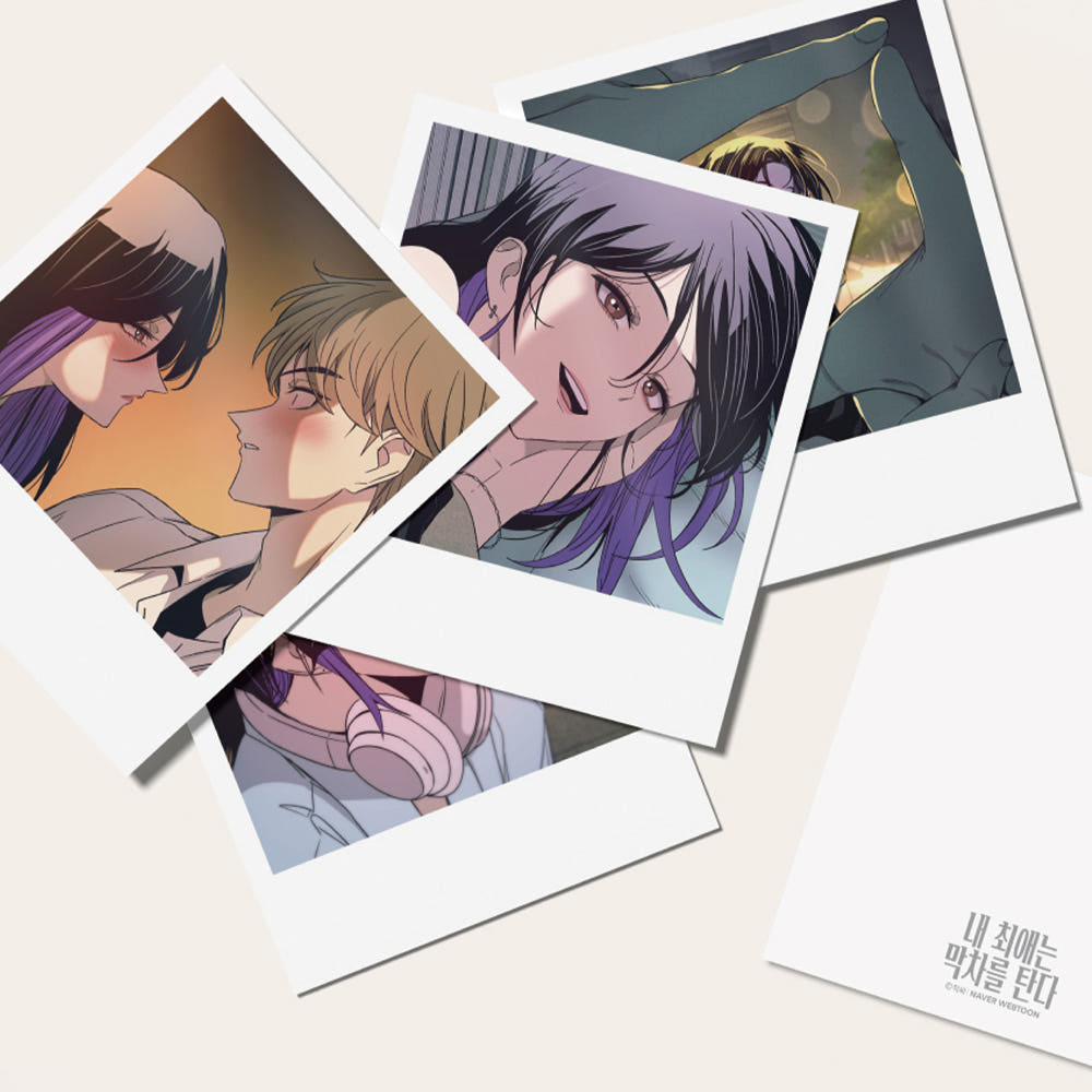 Featuring character artwork inspired by My Bias Gets on the Last Train, this collectible set showcases charming illustrations in a stylish Polaroid-inspired postcard format.