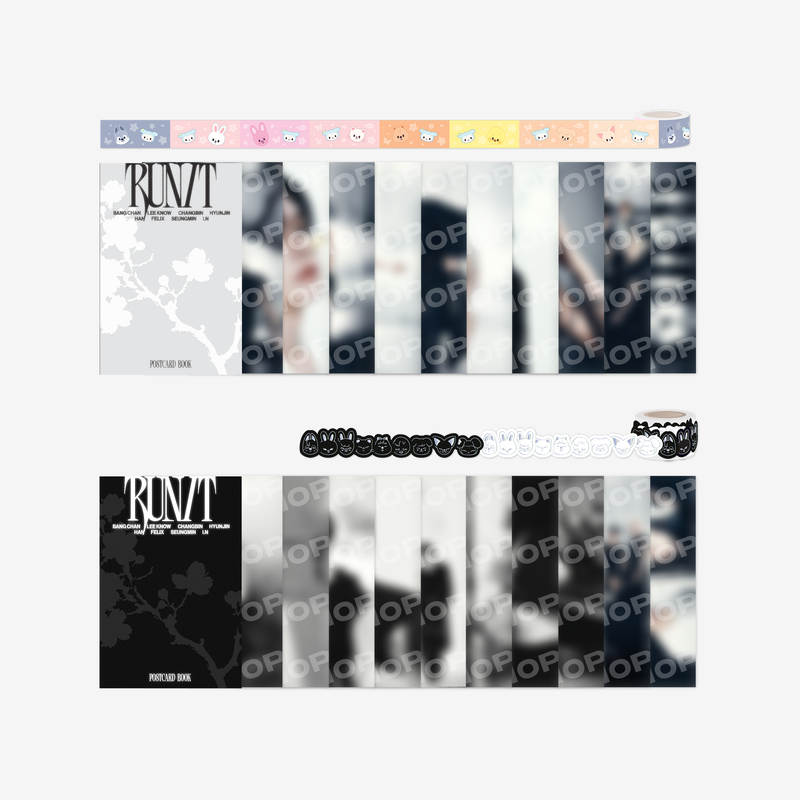 Inspired by the Run It collection, this official merchandise set includes a beautifully printed postcard book paired with a roll sticker set featuring exclusive Stray Kids artwork. 