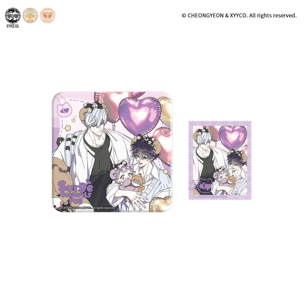 This collectible badge set features exclusive Amusement Park Ver. artwork inspired by Surge Towards You.