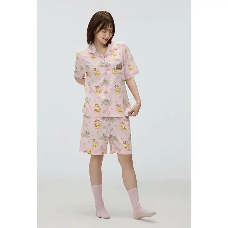 Cinnamoroll X Crayon Shin-chan - Pink Short Sleeve Pajamas Set - SPAO - Pajamas - Harumio