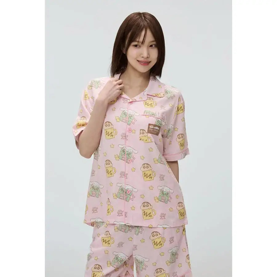 Cinnamoroll X Crayon Shin-chan - Pink Short Sleeve Pajamas Set - SPAO - Pajamas - Harumio