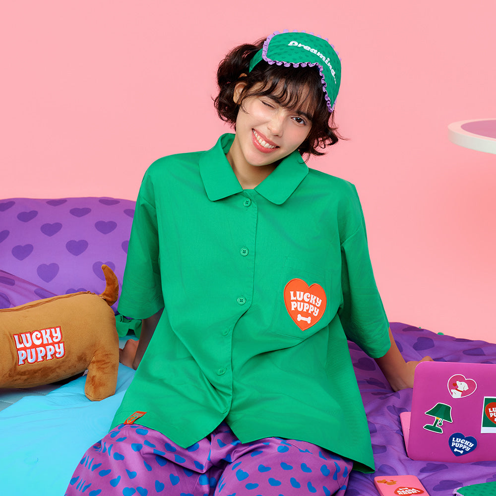 Wiggle Wiggle - Short-Sleeved Pajama Set (Lucky Puppy Green)