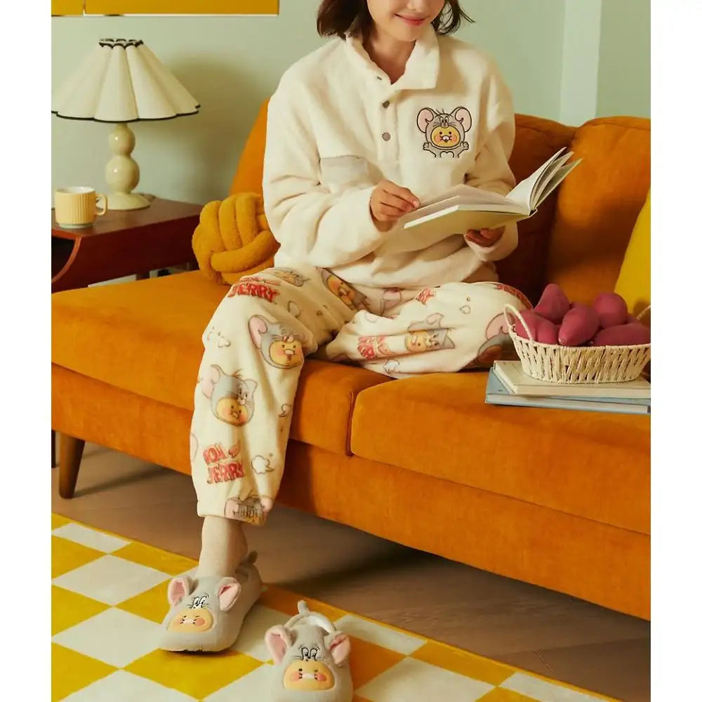 Tom and Jerry x Kakao Friends - Tuffy Choonsik Women Flannel Pajamas Set - Kakao Friends - Pajamas - Harumio