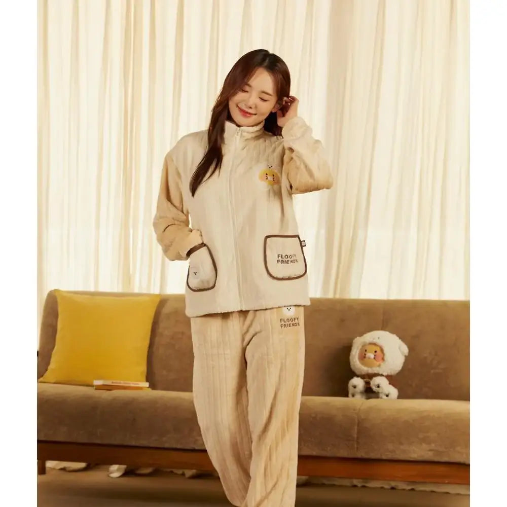 Kakao Friends - Floofy Friends Choonsik Zip-up Fleece Pajamas Set - Kakao Friends - Pajama Set - Harumio