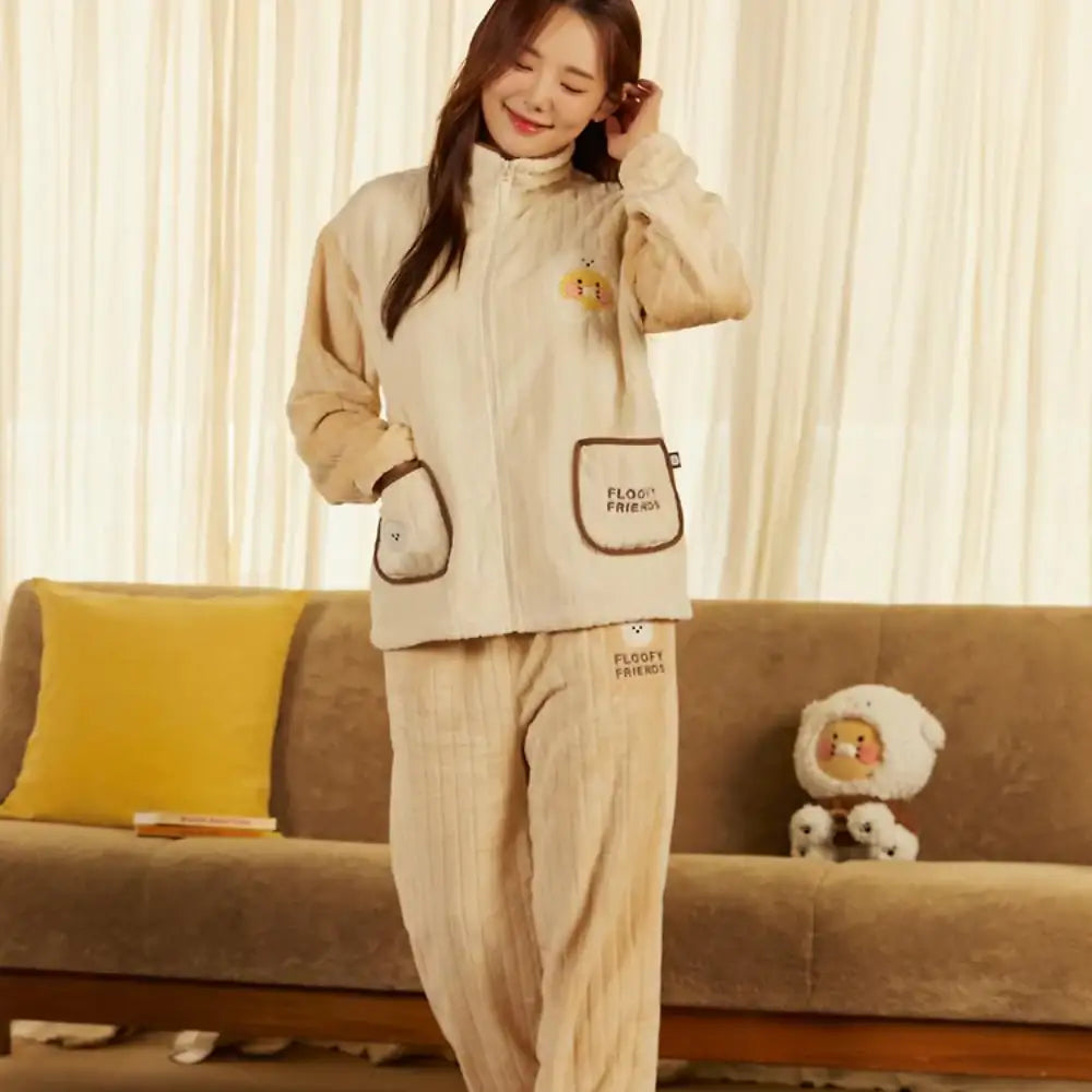 Kakao Friends - Floofy Friends Choonsik Zip-up Fleece Pajamas Set - Kakao Friends - Pajama Set - Harumio