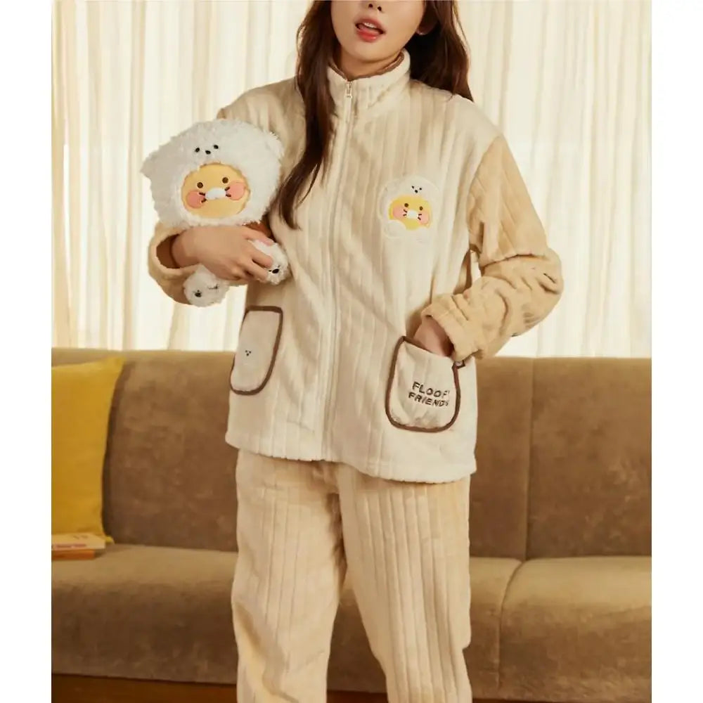Kakao Friends - Floofy Friends Choonsik Zip-up Fleece Pajamas Set - Kakao Friends - Pajama Set - Harumio