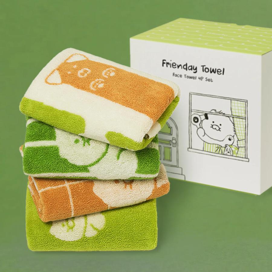 Kakao Friends - FRIENDAY Face Towel 4-Piece Set Green & Mocha (Choonsik)