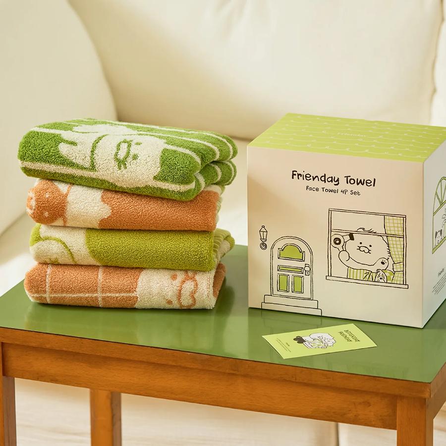 Kakao Friends - FRIENDAY Face Towel 4-Piece Set Green & Mocha (Choonsik)