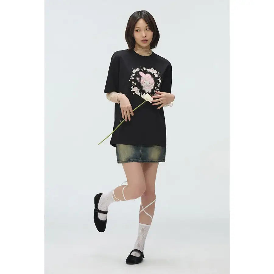 SPAO x My Melody - 50th Anniversary Short Sleeve T-Shirt (Black) - SPAO - T-Shirt - Harumio