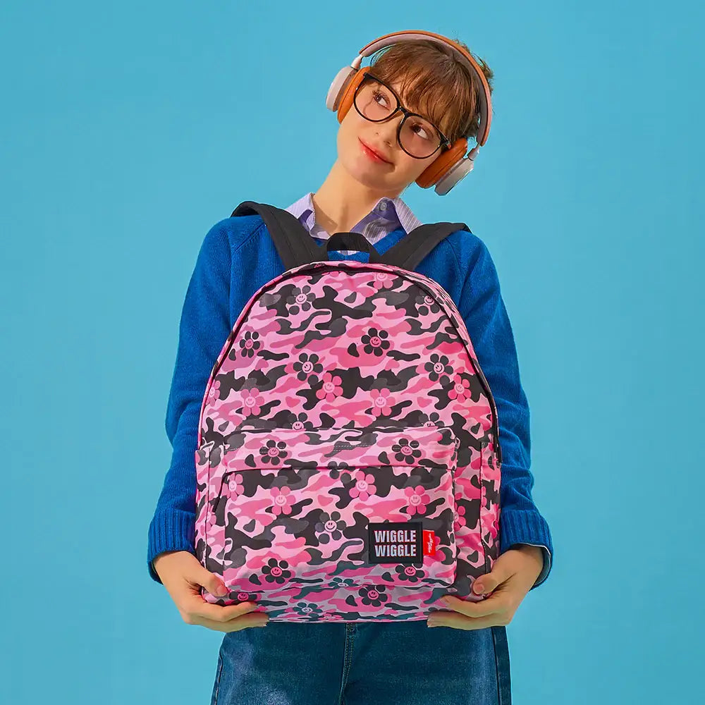 Wiggle Wiggle - Smile We Love Camo Pink Pattern Backpack (L) - Wiggle Wiggle - Backpack - Harumio