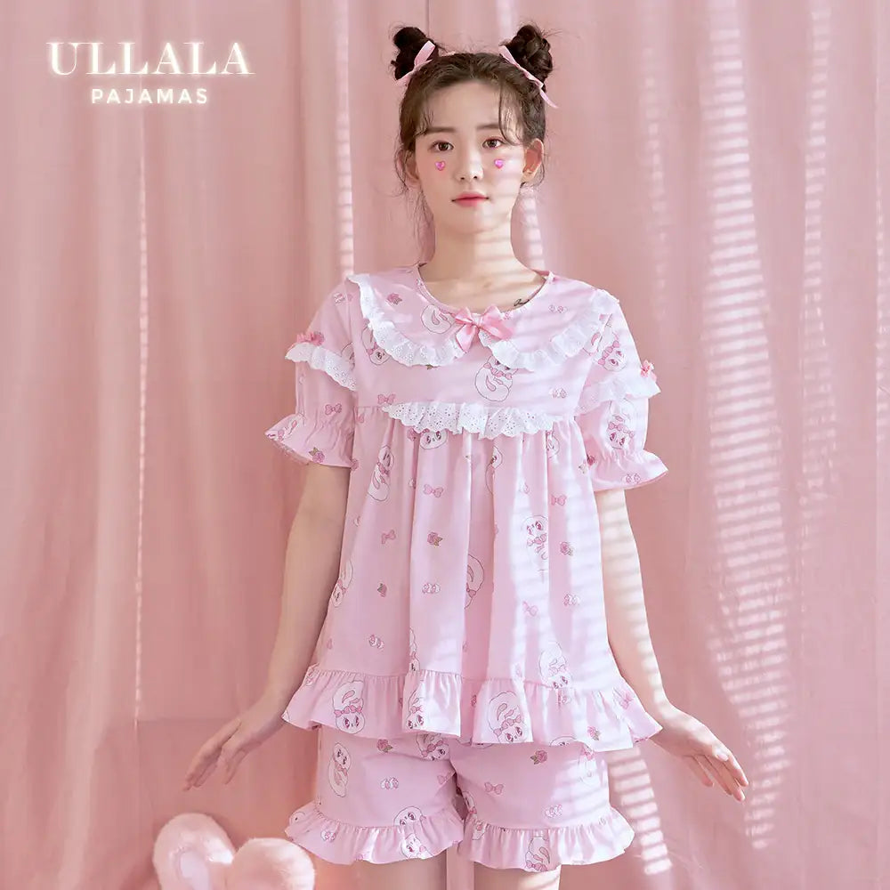 Esther Bunny x Ullala - Heart Bunny Short Sleeve with Lace Pajamas Set - Esther Bunny x Ullala - Clothing - Harumio