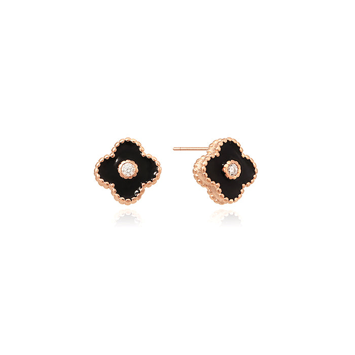 OST - Petite Black Flower Rose Gold Earrings