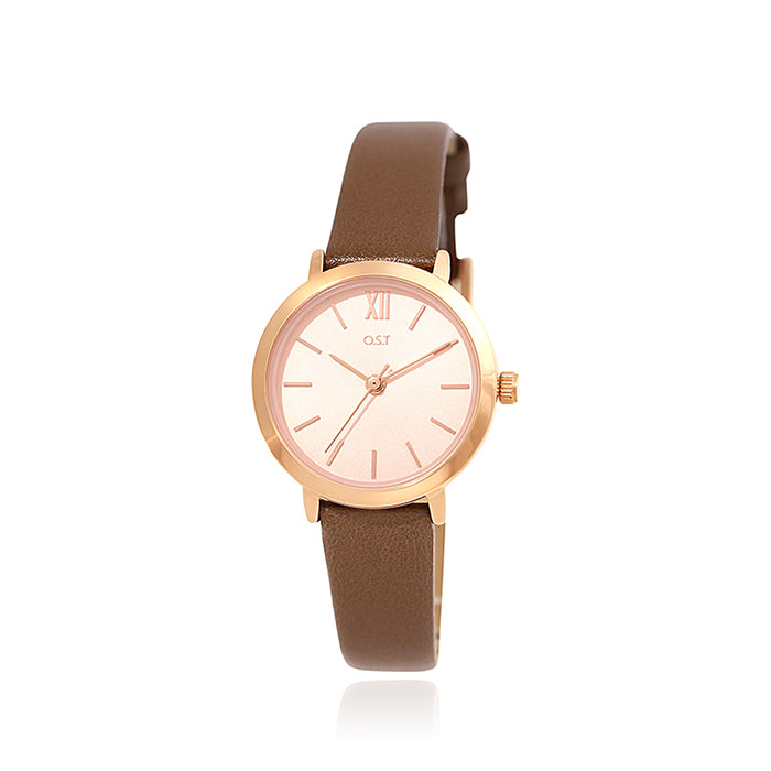 OST - Simple Rose Gold Index Brown Leather Watch