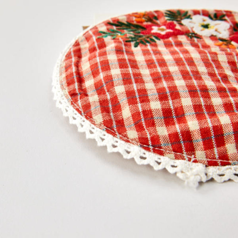 Korean L Red Check - Vintage Flower Embroidery Tea Coaster