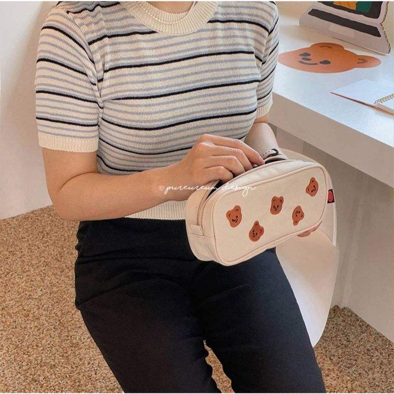 Pureureumdesign x 10x10 - Cupid Bear Embroidery Pencil Pouch - Pureureumdesign - Pencil Case - Harumio