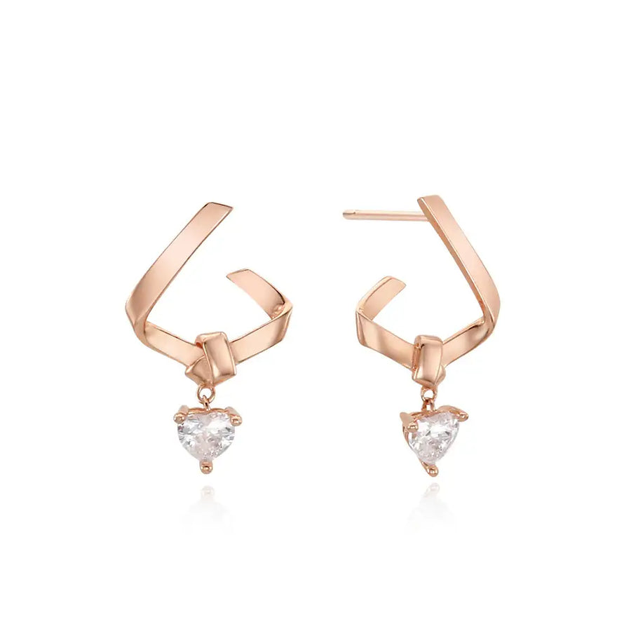 Bloom x Linky Laboratory - Labyrinth Ribbon Dual Heart Rose Gold Earrings - Bloom x Linky Laboratory - Jewelry - Harumio