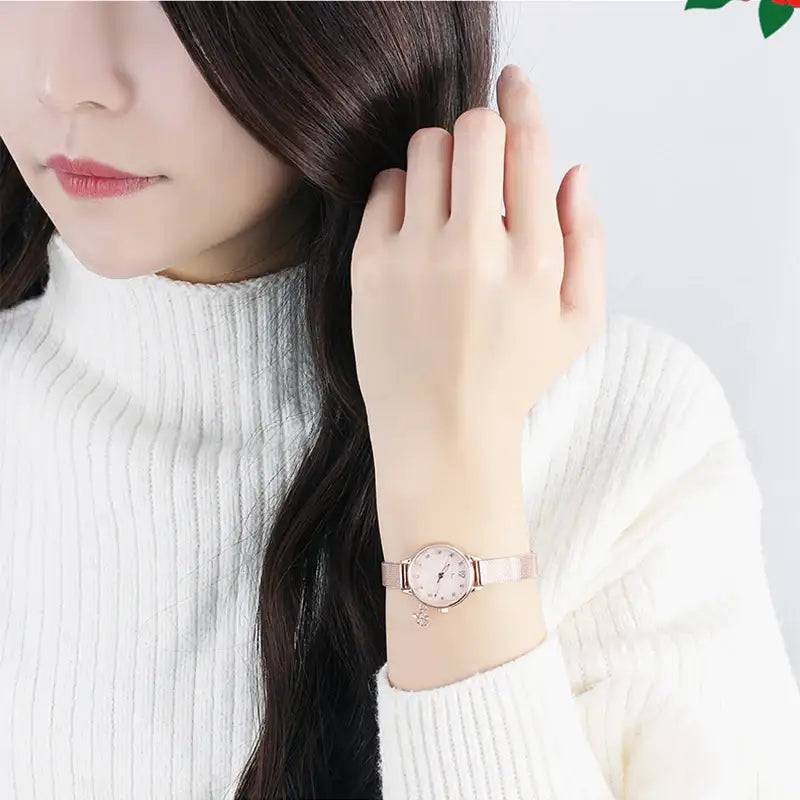 CLUE - Camellia Charm Cubic Index Rose Gold Mesh Watch - CLUE - Watches - Harumio