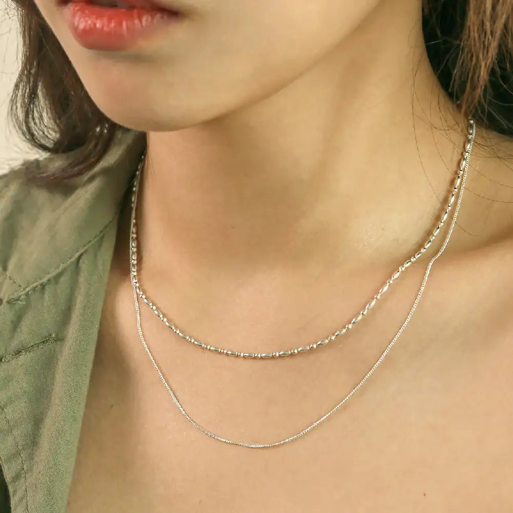 CLUE - Layered Bead Chain Integrated Silver Necklace - CLUE - Jewelry - Harumio