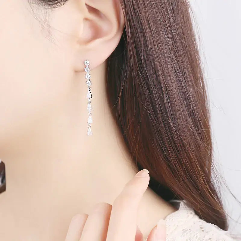CLUE - Cubic Petal Long Drop Silver Earrings - CLUE - Jewelry - Harumio