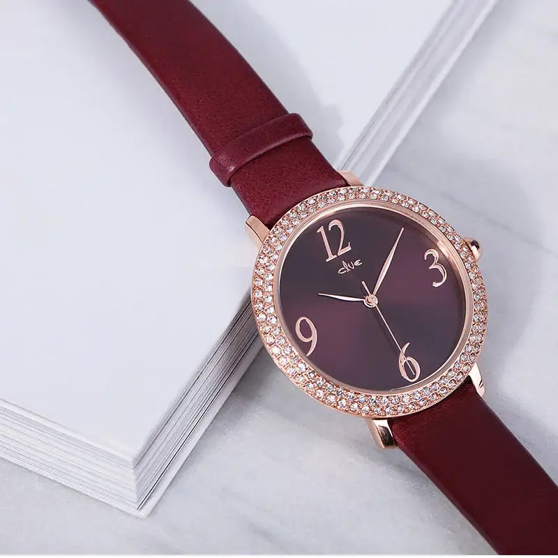 CLUE - Glory Chic Burgundy Leather Watch - CLUE - Watches - Harumio