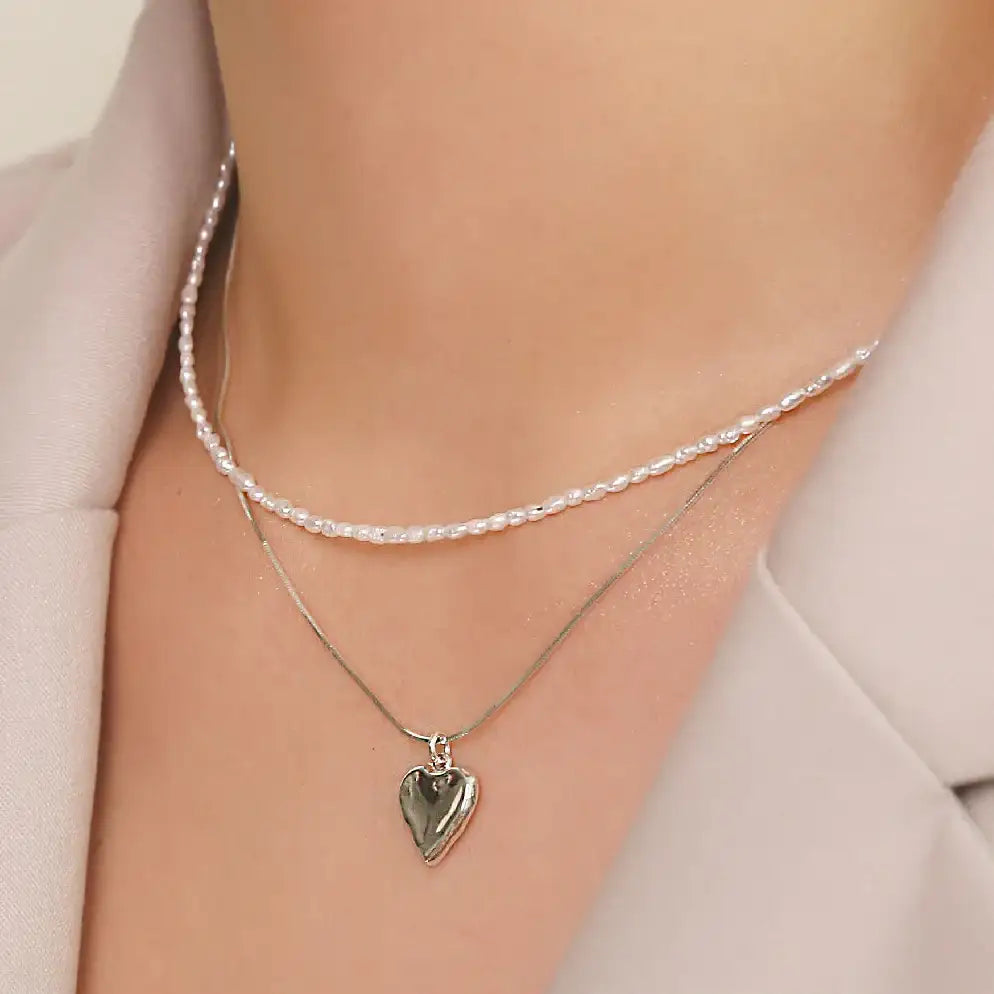 CLUE - Layered Heart Freshwater Pearl Necklace Set - CLUE - Jewelry - Harumio