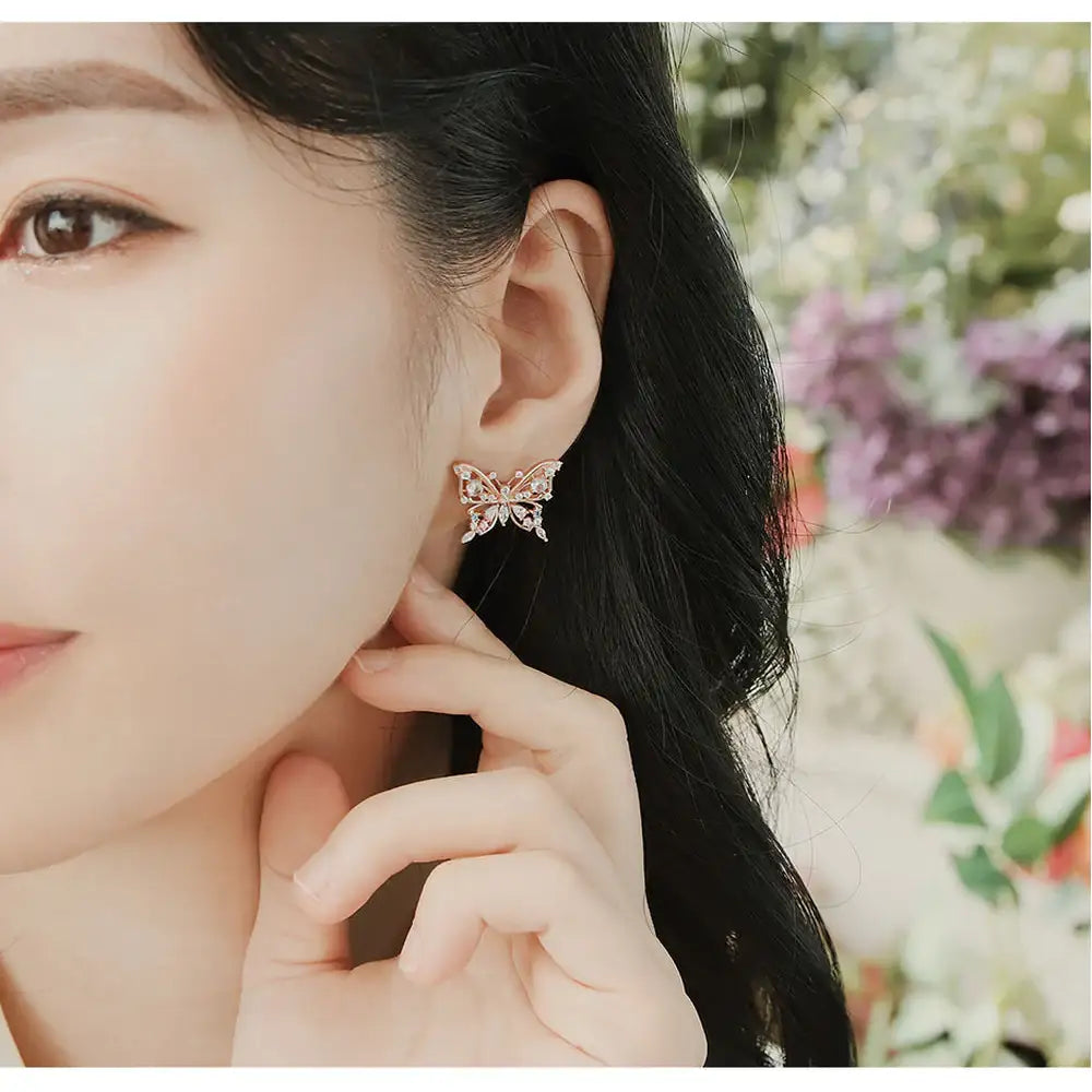 CLUE - Butterfly Crystal Block Rose Gold Earrings - CLUE - Jewelry - Harumio