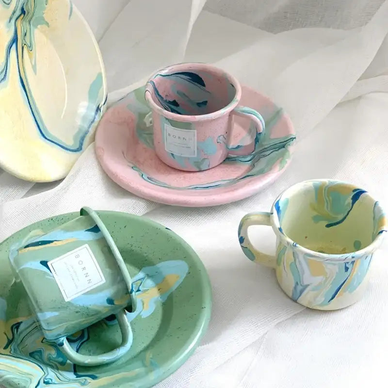 Like A Cafe - Bornn Enamel New Marble - Mug & Small Flat Plate - Like A Cafe - Home & Living - Harumio