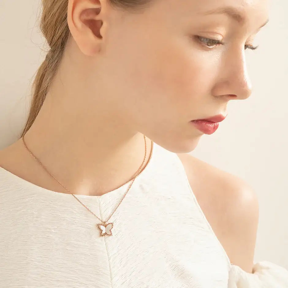CLUE - Spring Mother-of-Pearl Butterfly Silver Necklace - CLUE - Jewelry - Harumio