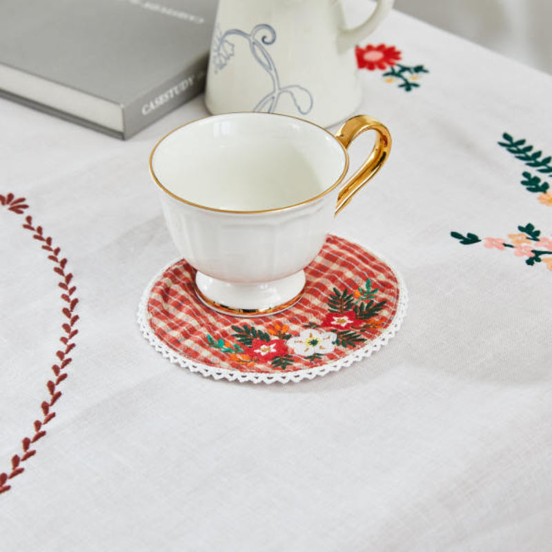 Korean L Red Check - Vintage Flower Embroidery Tea Coaster
