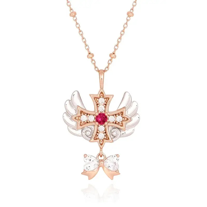 Saint Tail x Clue - Angel Wing Cross With Ribbon Silver Necklace - CLUE - Jewelry - Harumio