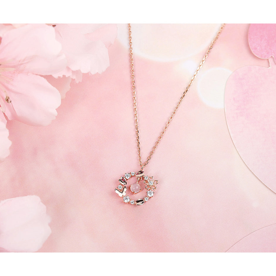 CLUE - Pink Cherry Blossom Rose Quartz Silver Necklace